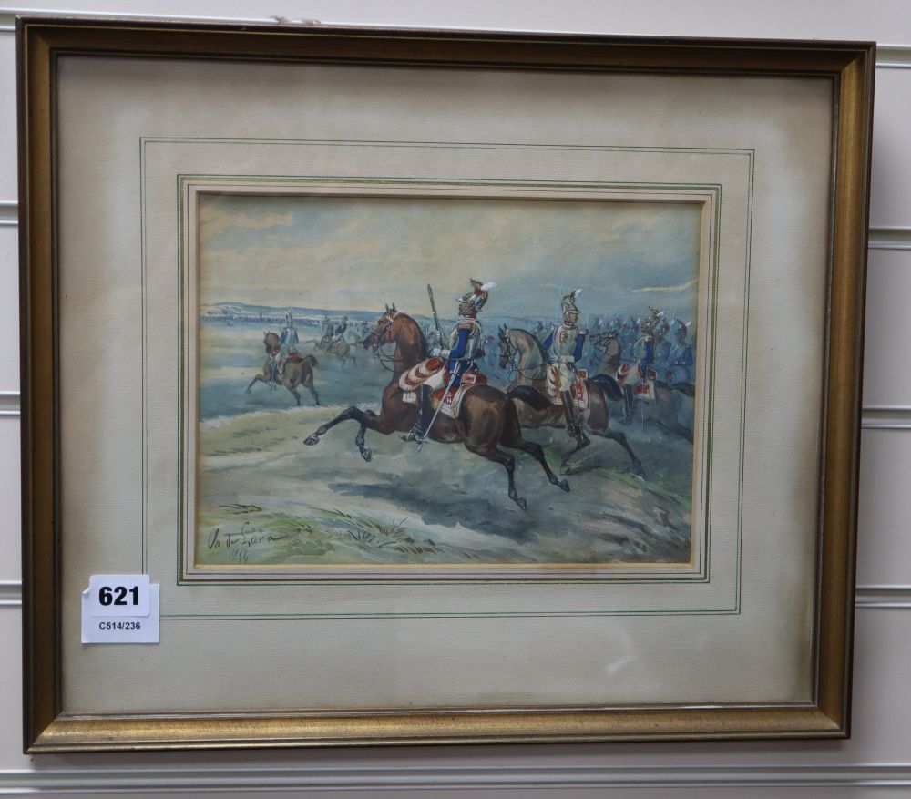 Charles de Luna, watercolour, Cavalry preparing to charge, signed and dated 1856, 19.5 x 26.5cm